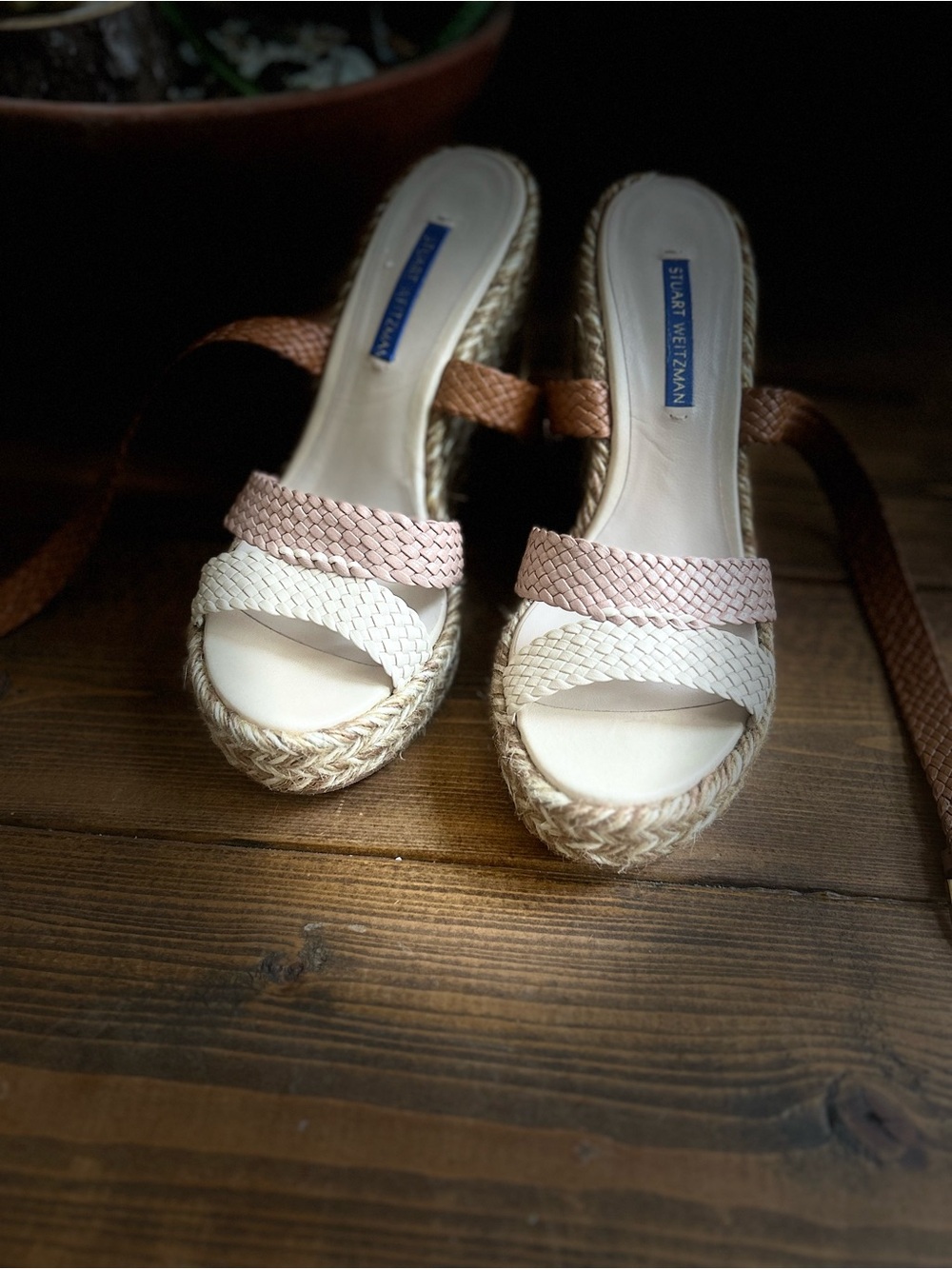 Stuart Weitzman Blush Pink and Cream Braided Espadrille Wedges 7